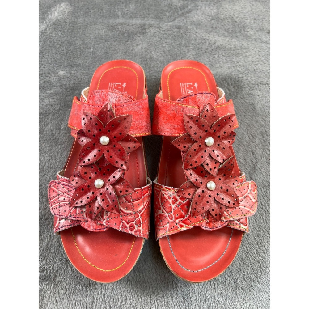 Spring Step L'artiste Karina Sandals 37/7 Red Leather Floral Embellished Artsy